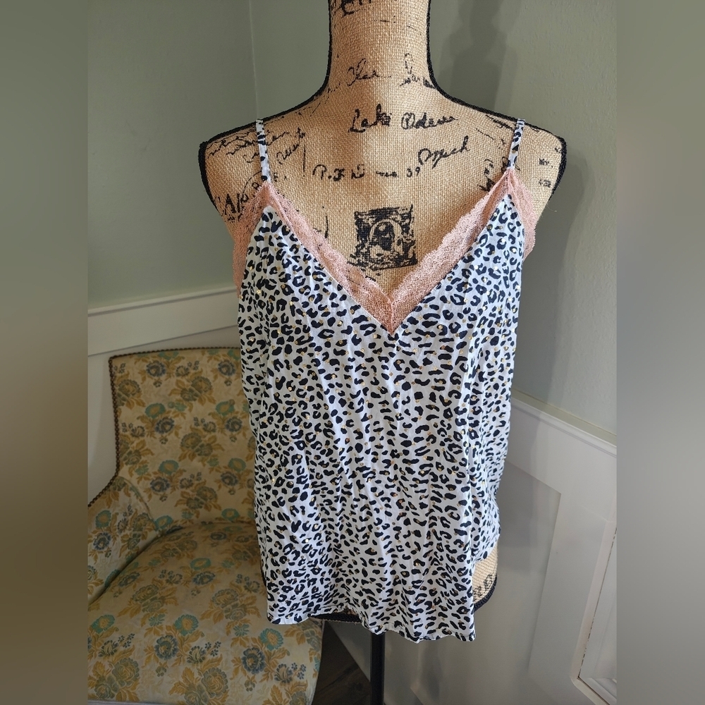 Victoria Secret Love Leopard Print Camisole with Pink Lace Trim